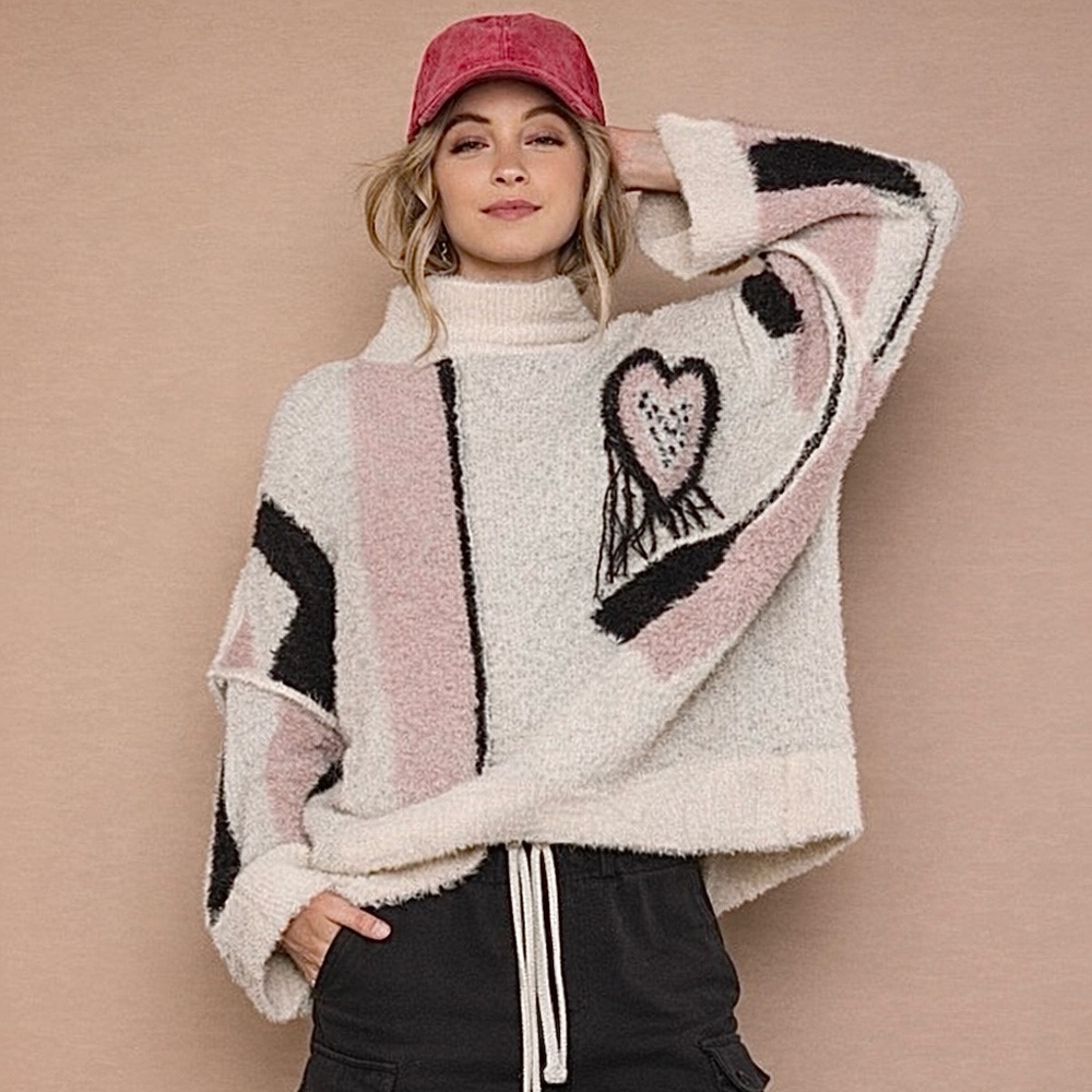 POL MOHAIR Oversized warm Black/ White Pullover Sweater Heart Mock fringe